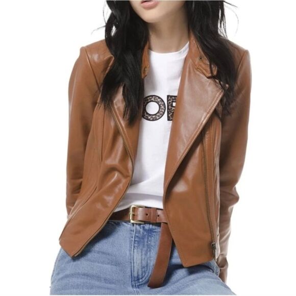 Women's Michael Kor's Genuine Leather Jacket im Camel Tan Sz Petite Small - Picture 1 of 7